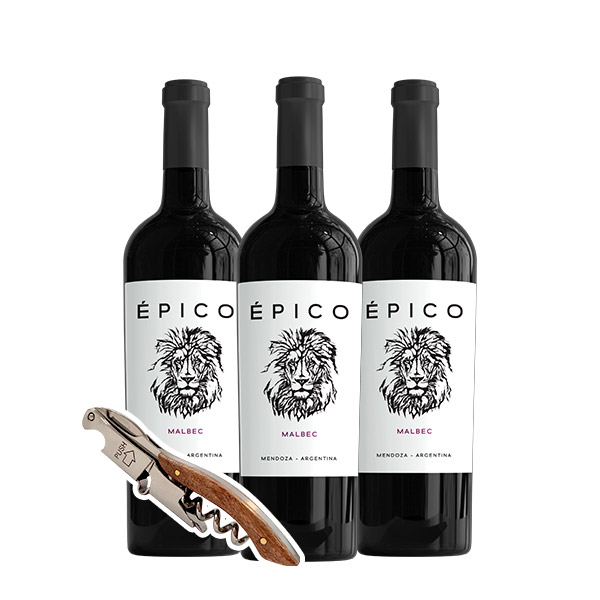 Epico Malbec 750 ml x 3 botellas sacacorchos