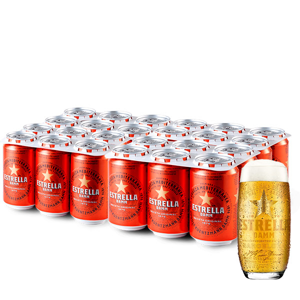 paquete de 24 latas de cerveza Estrella Damm de 330 ml con un vaso cervecero de regalo