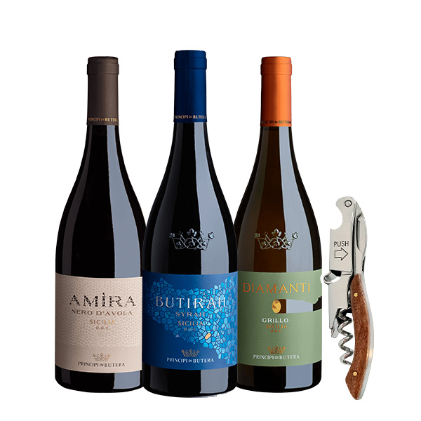 Pack de 3 Vinos Principi di Butera - Diamanti Grillo, Amìra Nero d’Avola y Butirah Syrah, vinos sicilianos